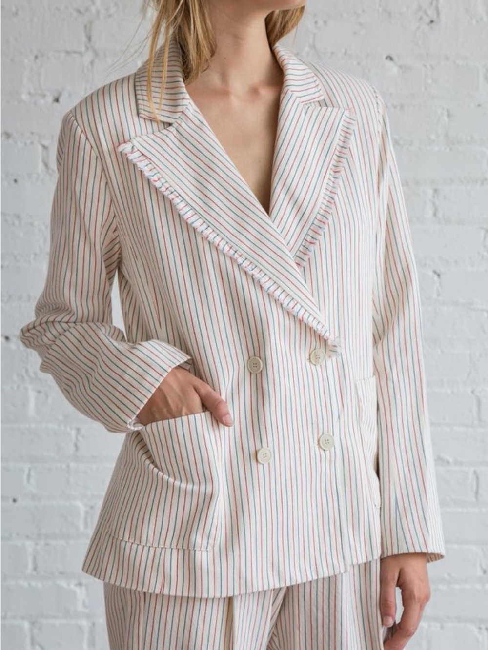 Raquel Allegra Cream Blazer with Red & Blue Pinstripes